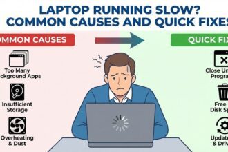 A frustrated user looking at a loading screen on a slow laptop computer.