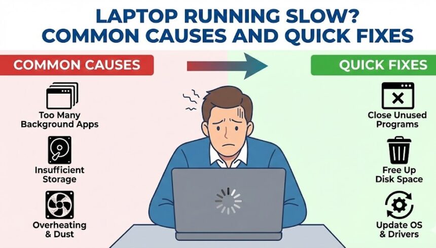 A frustrated user looking at a loading screen on a slow laptop computer.