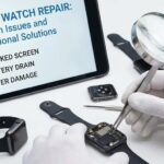 A technician using precision tools to repair the cracked screen of a modern smartwatch.