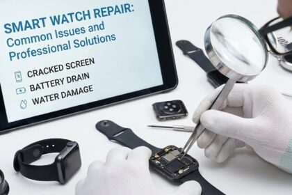 A technician using precision tools to repair the cracked screen of a modern smartwatch.