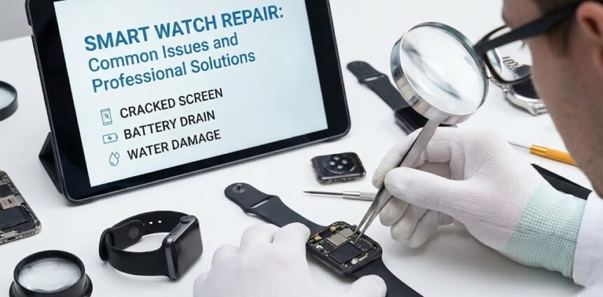 A technician using precision tools to repair the cracked screen of a modern smartwatch.