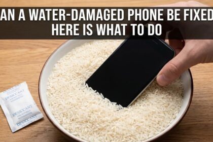 A professional technician carefully disassembling and drying a water-damaged smartphone on a specialized repair desk.