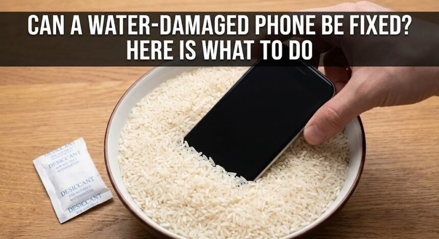 A professional technician carefully disassembling and drying a water-damaged smartphone on a specialized repair desk.