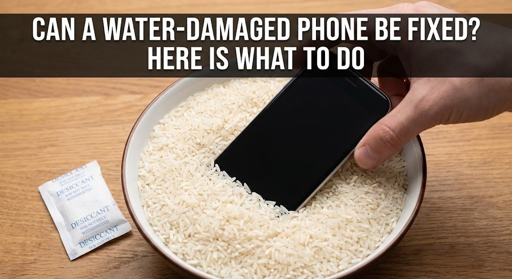 A professional technician carefully disassembling and drying a water-damaged smartphone on a specialized repair desk.