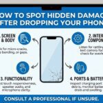 A person holding a smartphone looking concerned after dropping it on the pavement.