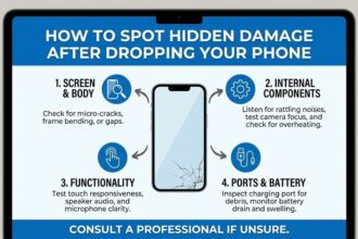 A person holding a smartphone looking concerned after dropping it on the pavement.