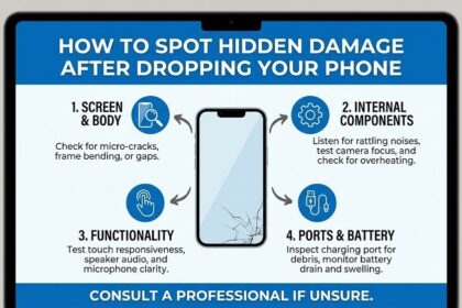 A person holding a smartphone looking concerned after dropping it on the pavement.