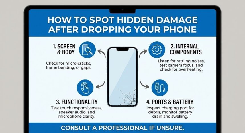 A person holding a smartphone looking concerned after dropping it on the pavement.