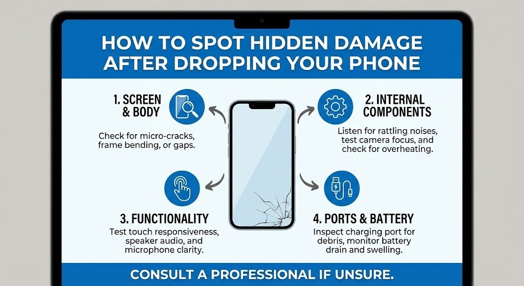 A person holding a smartphone looking concerned after dropping it on the pavement.