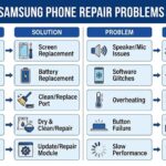 A technician carefully repairing the cracked screen of a Samsung Galaxy smartphone.