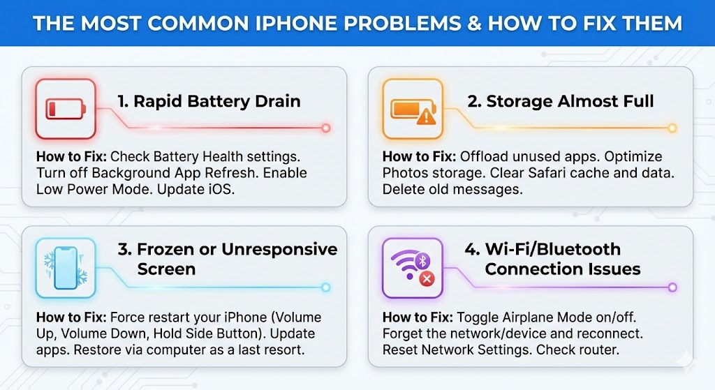 iPhone displaying a severely cracked screen and a low battery warning.