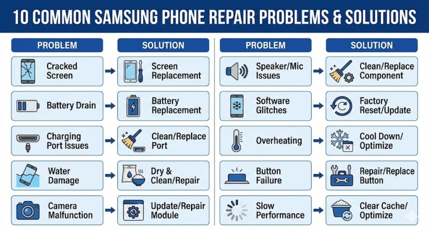 A technician carefully repairing the cracked screen of a Samsung Galaxy smartphone.