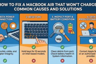 A frustrated person plugging a charging cable into a dead MacBook Air.