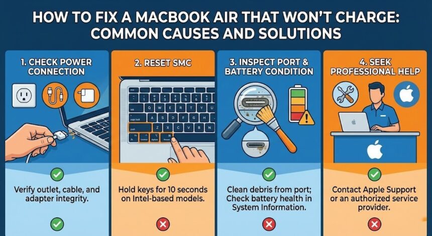 A frustrated person plugging a charging cable into a dead MacBook Air.