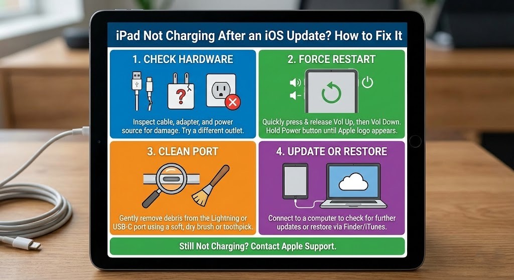 dead iPad next to an Apple-certified charging cable.