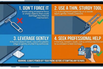 A person carefully using a metal ejector tool to open a smartphone SIM tray.
