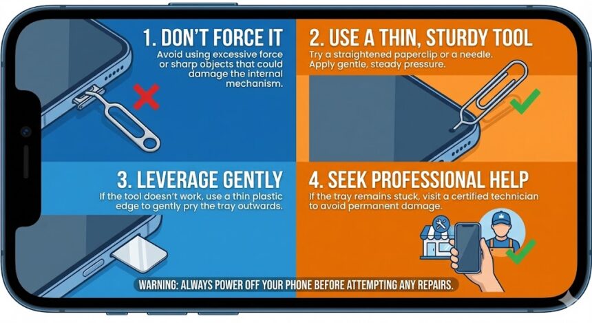 A person carefully using a metal ejector tool to open a smartphone SIM tray.