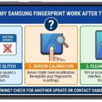 pressing their thumb against a locked Samsung smartphone screen.