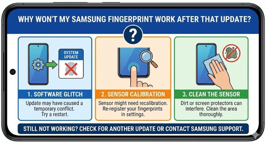 pressing their thumb against a locked Samsung smartphone screen.