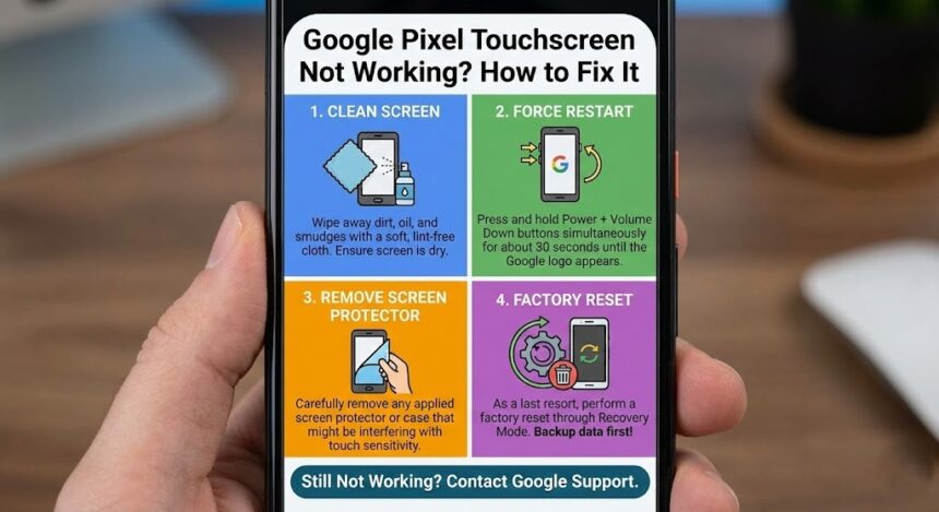 A frustrated person repeatedly tapping an unresponsive Google Pixel smartphone screen.